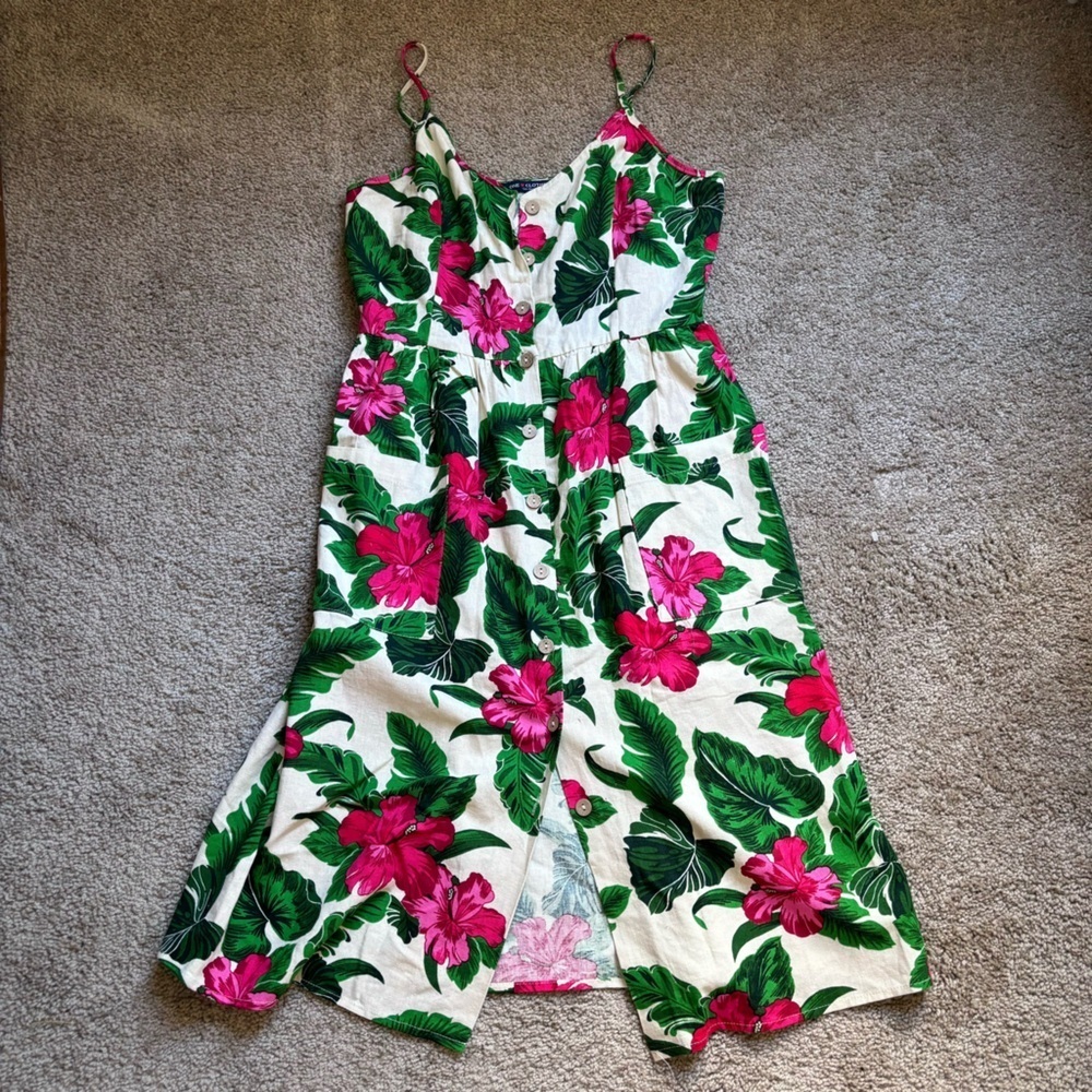 Summer Dress Floral Print Tropical Linen Blend White Green Pink‎ Flowers Size M